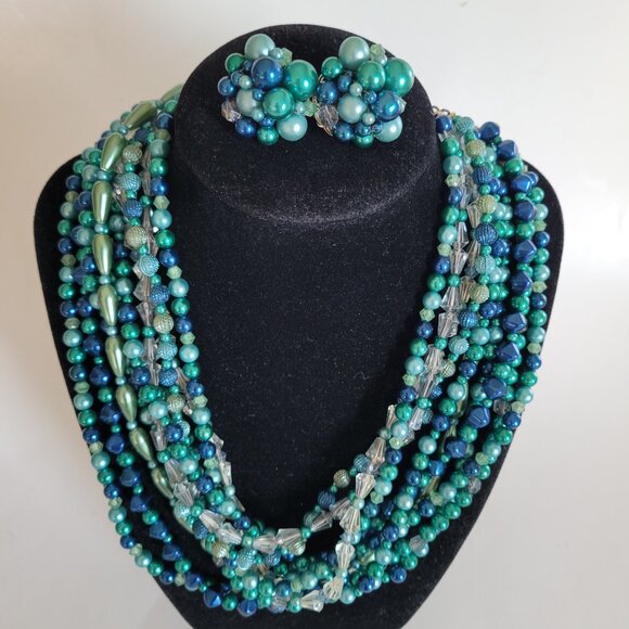 Japan Vintage Plastic Bead Multi Strand Necklace Cluster Earrings Set Blue Green - Picture 3 of 8